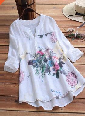 Blouse Women Vintage V-Neck Floral Printing Patch Long Sleev