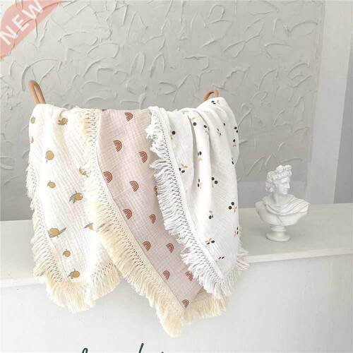 Printed Muin Tassel Swaddle Wrap Cotton Fringe Baby Blanke