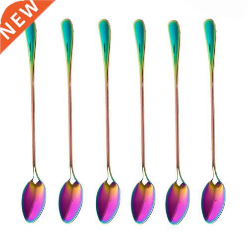 Coffee Teaspoons, Set of 6 Ranbow Color Coffee Spoon Long-H