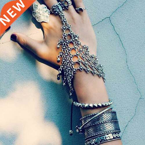 Gypsy Vintage Silver Color Hollow Flower Finger Chain Bracel