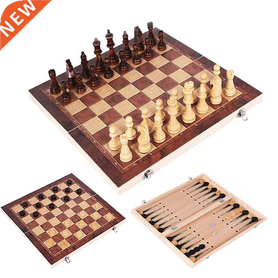 3 in 1 Chess Set Wooden Chess Backgammon Checkers Indoor Tr