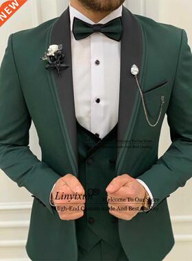 Classic Green Men's Suit Black Lapel Groom Wedding Tuxedos S