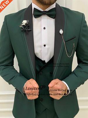 Classic Green Men's Suit Black Lapel Groom Wedding Tuxedos S