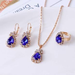 Luxury Water Drop Rhinestone Necklace Earrings Ring Set Shin