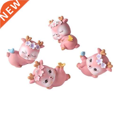4 Pack Pink Cute Fawn Figurines Sika Deer Resin Ornament