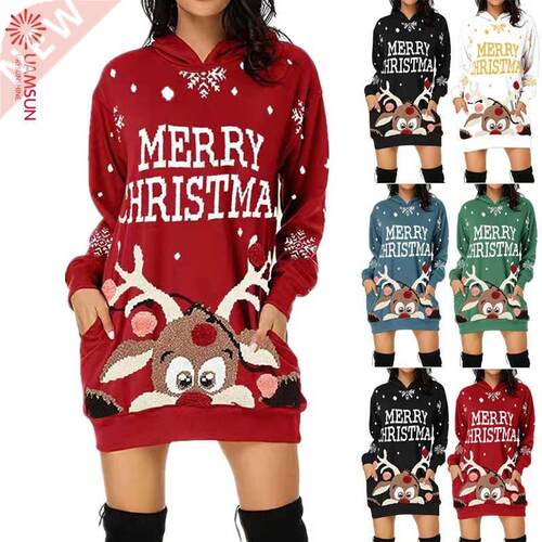 Women Christmas Printed Hooded Dress圣诞印花连帽卫衣裙连衣裙