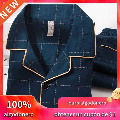 Winter 100% Cotton Pajamas Men Lounge Sleepwear Blue Plaid P