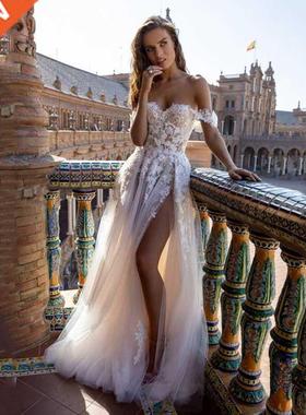 SoDigne Boho Tull Wedding Dresses Off the Shoulder Lace Appl