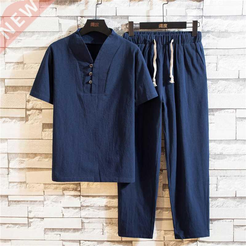 Summer Linen T-shirt men Suit summer linen T-shirt and pants