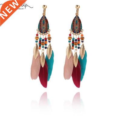 Fashion Bohemian Long Tassel Enamel Feather Clip on Earring