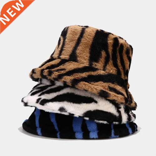 Wnter Zebra Pattern Faux Fur Fluffy Bucket Hats Women Outdo
