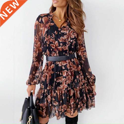 Lades V Neck Floral Dress Sprng Flower Prnt Long Sleeve L