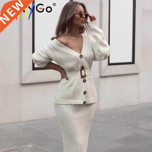 2-piece women autumn winter sweater dress button skirt suit