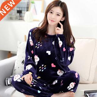 Spring Winter Anti Cold Keep Warm Women Coral Fleece Pajamas