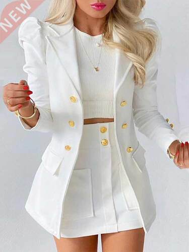 New Lady Office Solid Color Puff Sleeve Suit + High Waist Bu