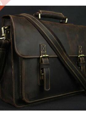 Vintage Crazy Horse Leather Men Briefcase Laptop Bag Work Bu