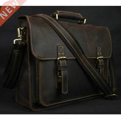Vintage Crazy Horse Leather Men Briefcase Laptop Bag Work Bu