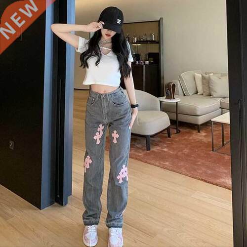Streetwear Korean Fashion Cross Applique Jeans Woman High Wa