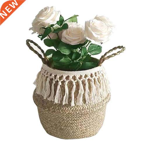 Long Tassel Macrame Woven Seagrass Belly Basket For Storage,