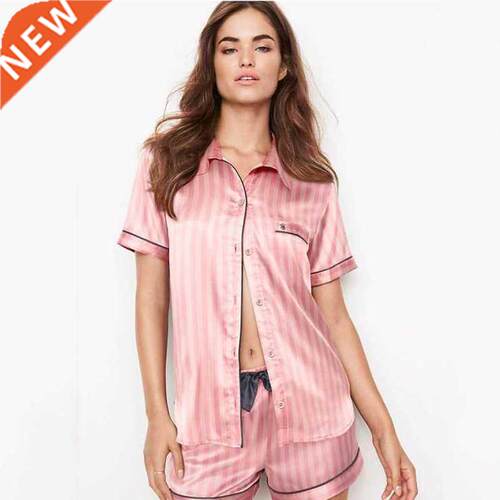 Summer Pajamas for Women Satin Silk Stripes Sleepwear Pyjama