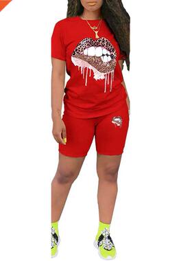 Women Short Sleeve Lips Printed T-shirt Top Elastic Waist Sh