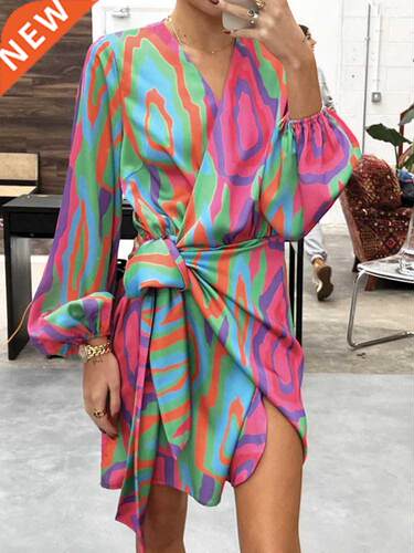 Elegant V-Neck Lace Up Printed Dress Women Lantern Sleeve Sp