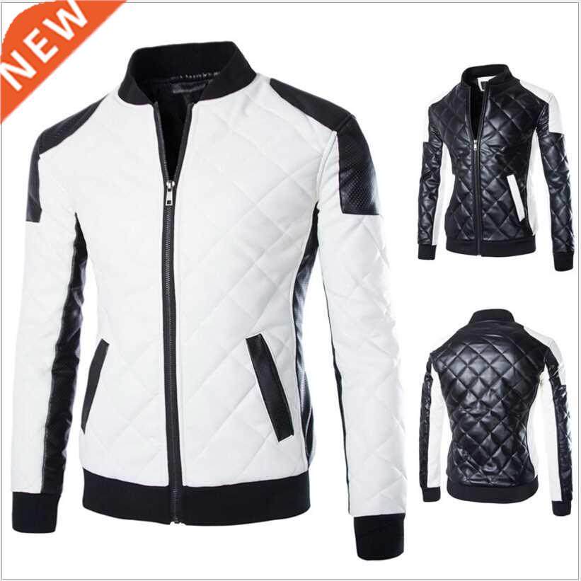 New Fashion PU Leather Jacket Men Black White Solid Mens Fau图片