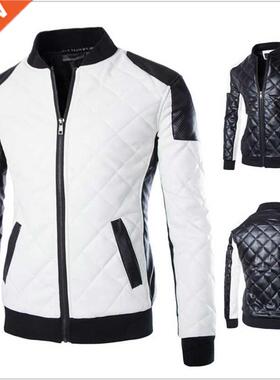 New Fashion PU Leather Jacket Men Black White Solid Mens Fau