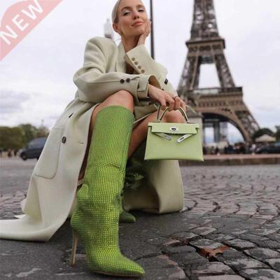 Runway Stilettos Women Long Boots Shiny Rhinestone Knee-Leng