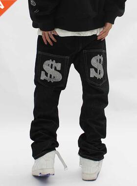 Back Dollar Print Bronzing Jeans Harajuku Sreetwear Straight