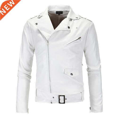 Men Slim White Leather Jackets Olique Zipper Motorcycle Jac