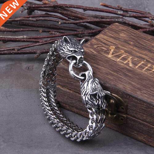 Never Fade Rock Viking Wolf Charm Bracelet Men's Sta