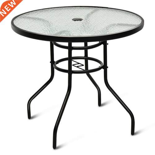 Costway 2'' Patio Round Table Tempered Glass Steel Frame
