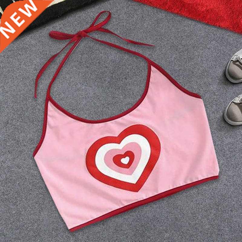 2019 Summer New Pink Love Heart Print Slim Tight Spaghetti S