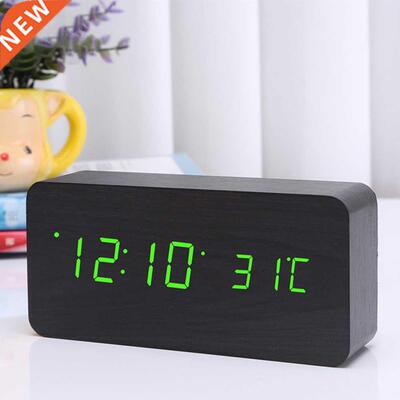 LED Wooden Alarm Clock Watch Table Voice Control Digital Woo