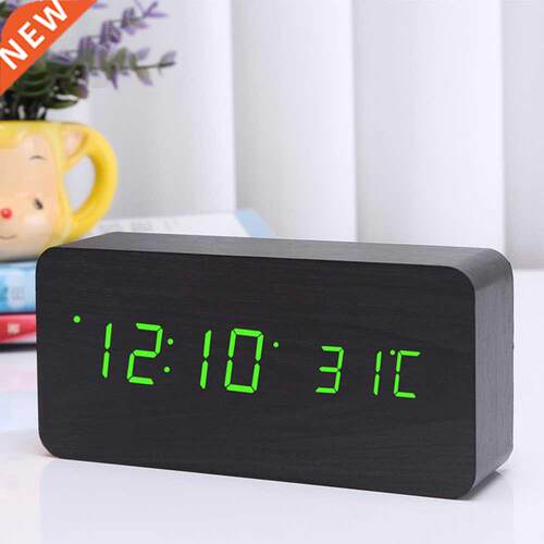 LED Wooden Alarm Clock Watch Table Voice Control Digital Woo