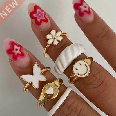 KISS WIFE Vintage Golden Heart Smile Rings Set for Women Ins