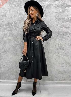 Women Office Lady PU A line Solid Turn Down Collar Single Br