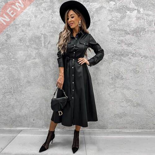 Women Office Lady PU A line Solid Turn Down Collar Single Br
