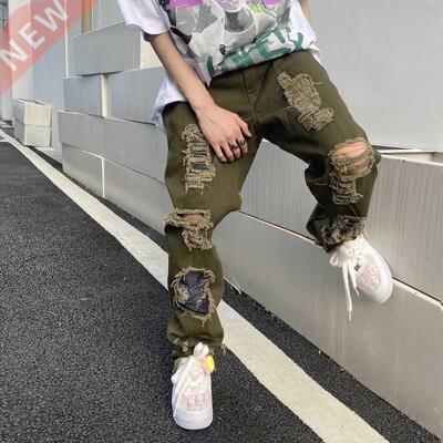 Sreetwear Women and Mens Knife Ripped Jeans Embroidered Stra
