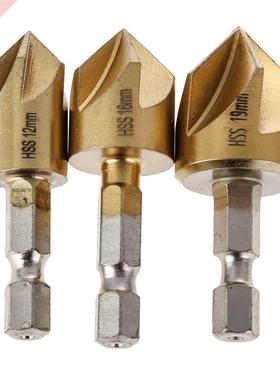 3pc 5 Flute Chamfer Countersink Hex Shank HSS Wood Chamferin