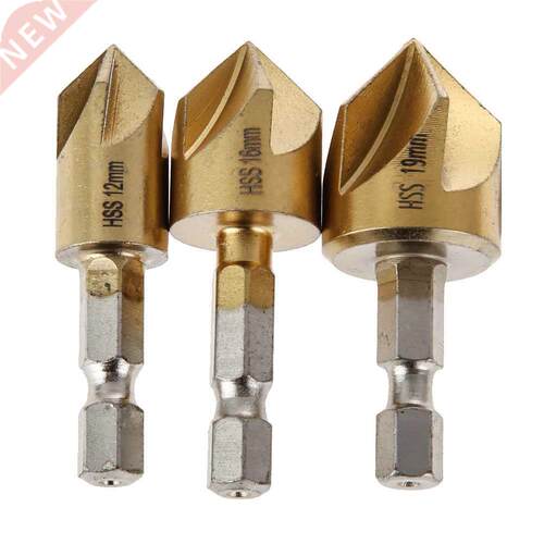 3pc 5 Flute Chamfer Countersink Hex Shank HSS Wood Chamferin