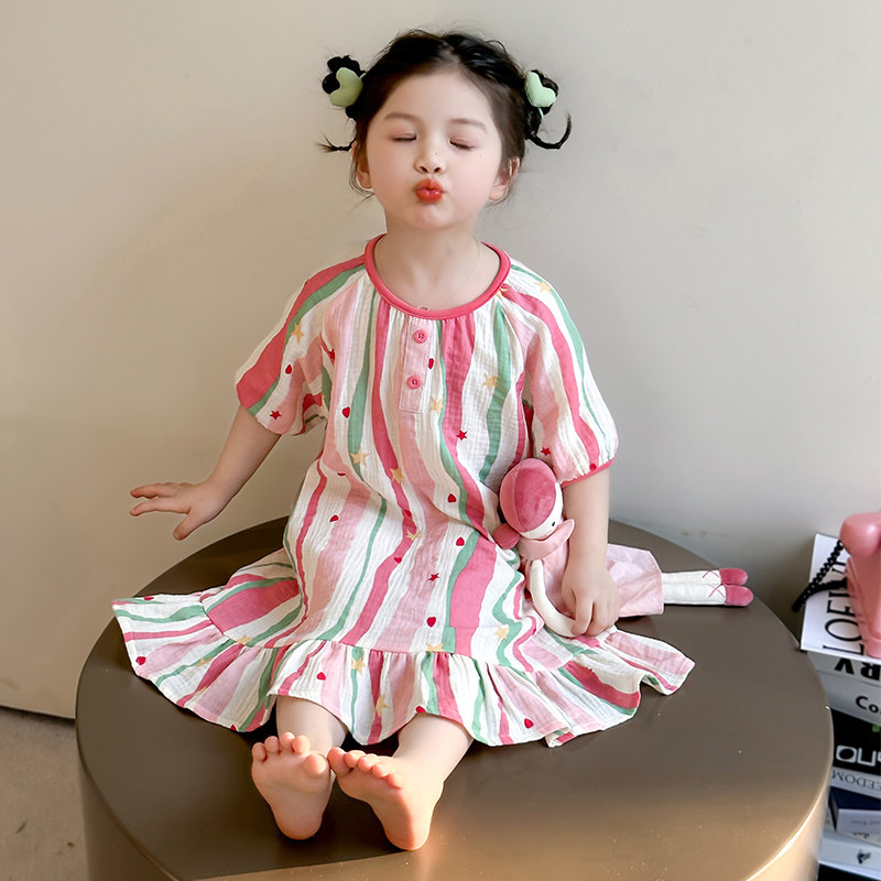 女童彩虹花边睡裙巨好看女宝幼童春夏全棉睡袍A类女孩纯棉纱睡衣