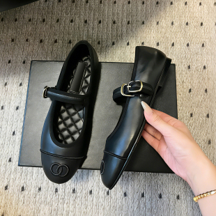 26C软皮平底一字扣不累脚浅口小香风家圆头玛丽珍通勤单鞋 工作鞋