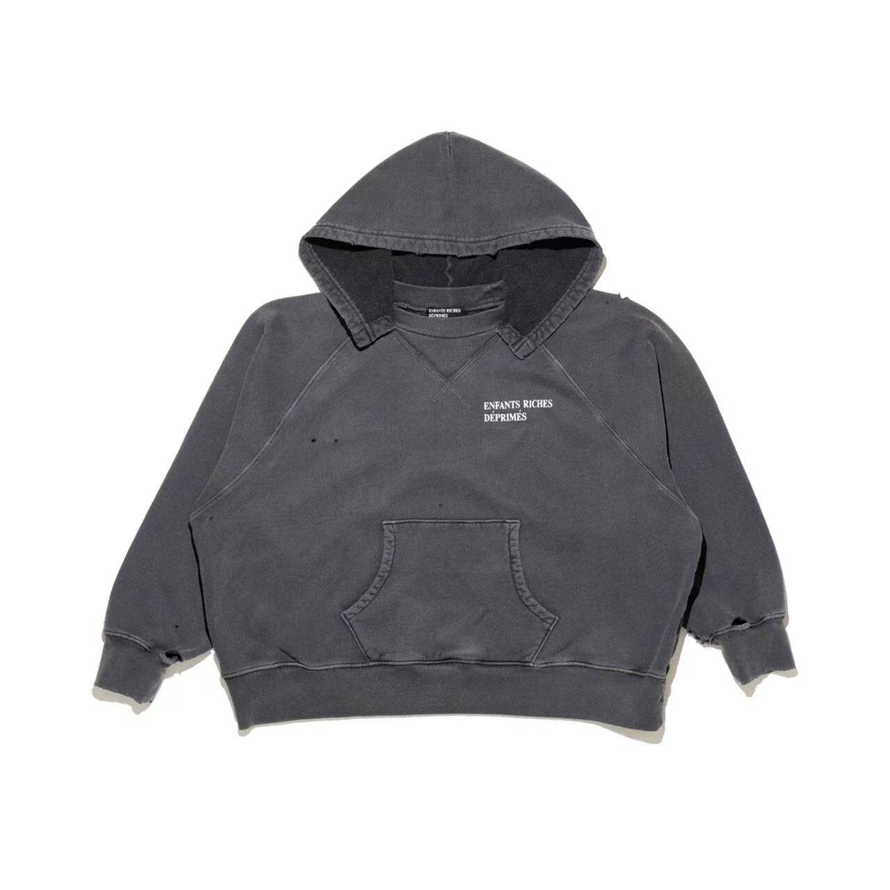 thumbnail for [Melancholy Classic] ERD 25FW Slogan Print Washed Patch Ripped Shoulder Short-Wide Hooded Sweatshirt