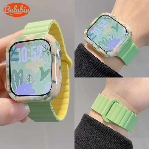 夏日薄荷色磁吸硅胶款适用苹果手表10代表带iwatch98se粉绿保护壳
