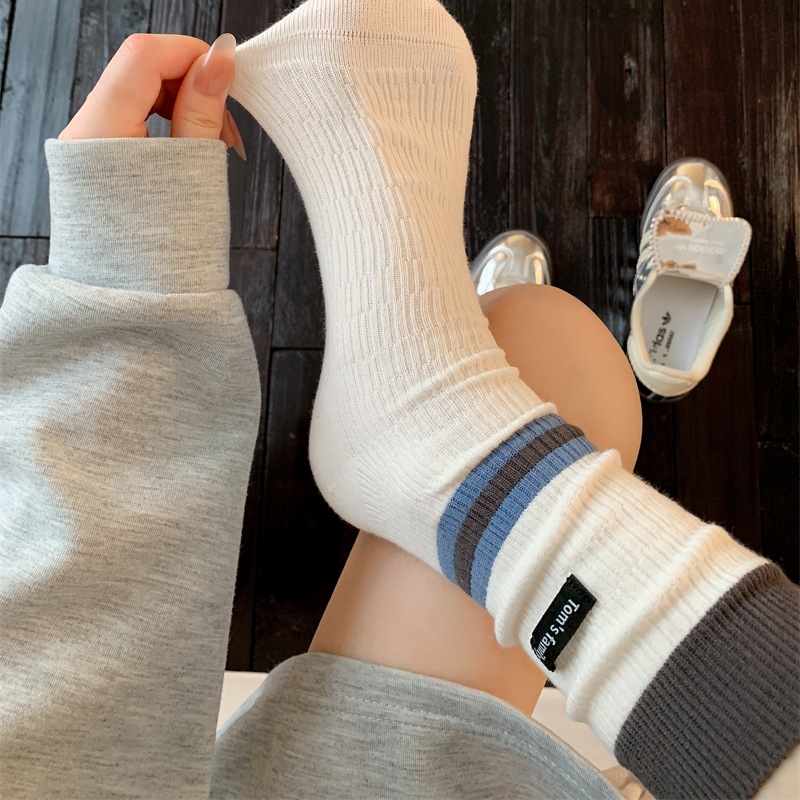韩系双针撞色条纹布标中筒袜子女潮流时尚运动风外穿秋冬堆堆袜
