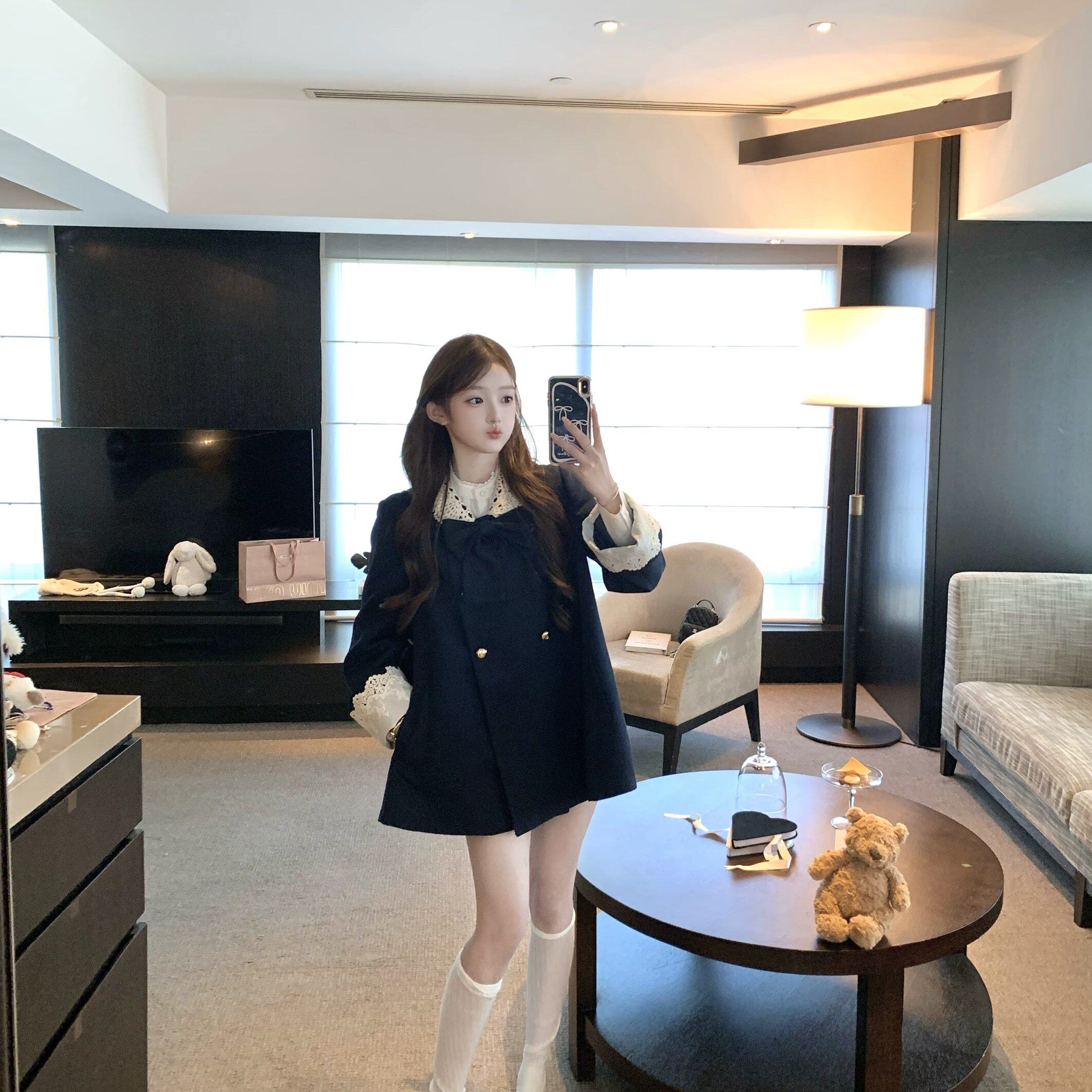 Acaine蓝调胶片/中长款蕾丝斗篷外套女秋季学院风宽松风衣大衣