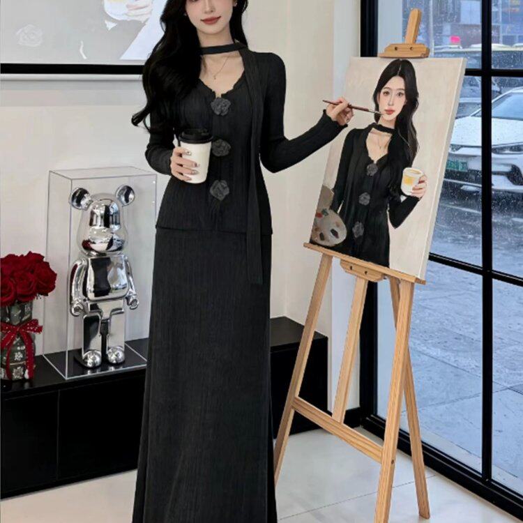 淑女温柔风气质立体花朵修身毛衣半身裙女装2025冬季新款针织套装