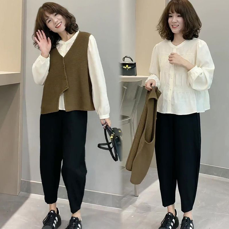 小个子穿搭一整套针织马甲纯色衬衫九分裤2023年秋季新款女装套装